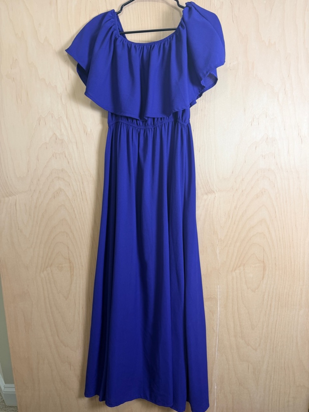 Off-Shoulder Royal Blue Maxi Dress with Ruffle Bodice